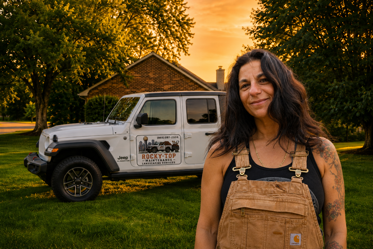Raina Sabellico in front of her Rocky-Top Maintenance Jeep at sunset