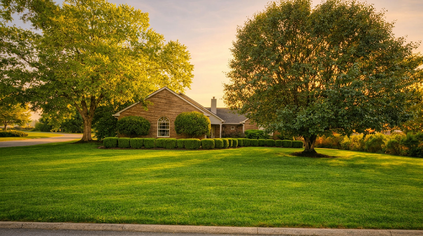 Lush landscaped East Tennessee yard at golden hour
